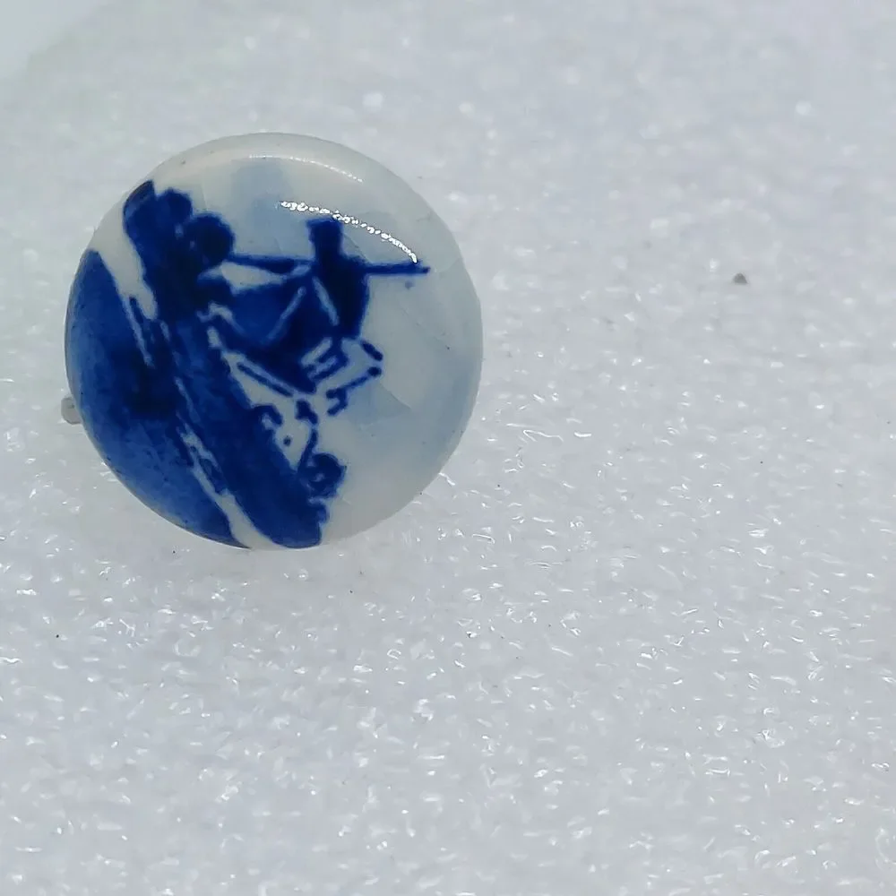 Vintage Delft Blue Ceramic Brooch and Screwback Earring Set‎ Windmill Scene